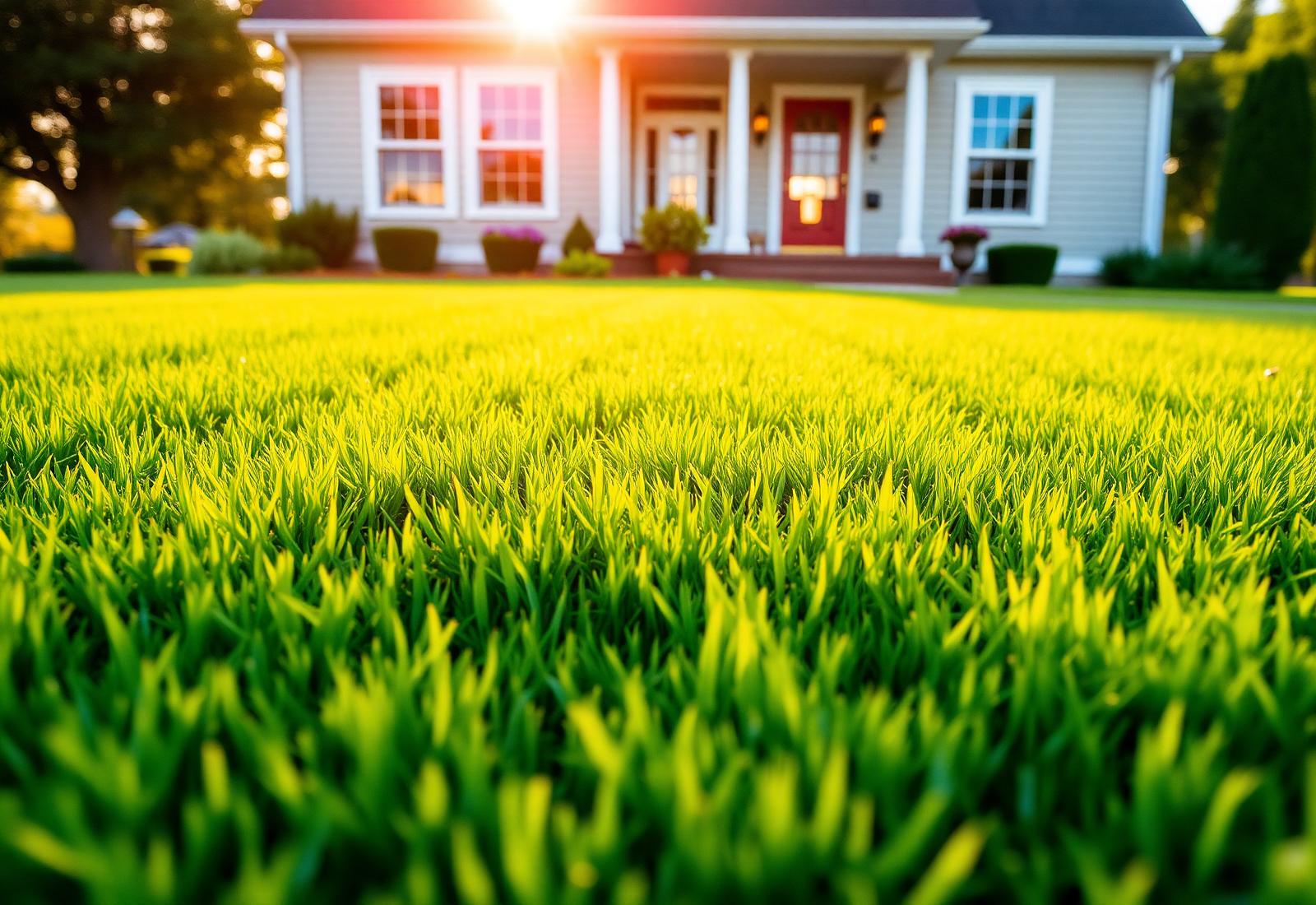 Healthy green lawn in front of a charming home